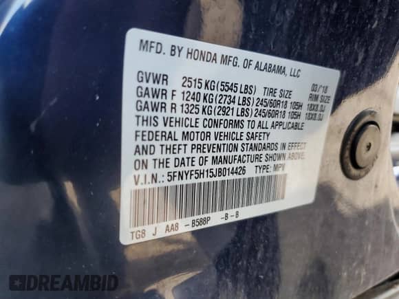 2018 Honda Pilot LX с VIN 5FNYF5H15JB014426, выставлен на аукционе Copart как лот 61733695 с пробегом 132 929 миль миль и Списание • Salvage title. История ставок и продаж доступна на DreamBid. Изображение 13.