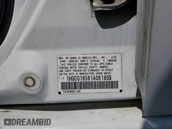 2001 Honda Accord EX z VIN 1HGCG16561A061805, wystawiony jako Copart lot #70577215 z przebiegiem 233 090 mil mil oraz Szkoda całkowita • Salvage title. Historia ofert i sprzedaży dostępna na DreamBid. Obrazek 12.