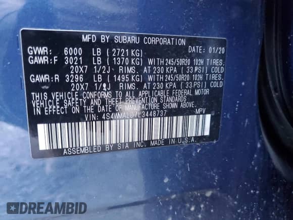 2020 Subaru Ascent Limited with VIN 4S4WMALD7L3448737, listed as a Copart auction lot 63111235 with 49,267 mi miles and Salvage title. Bid and sale history available at DreamBid. Image 14.