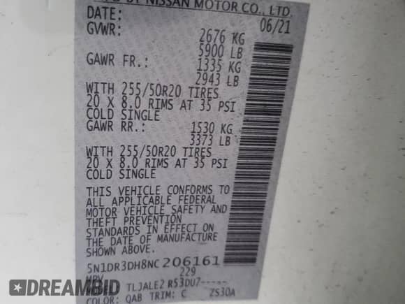 2022 Nissan Pathfinder Platinum с VIN 5N1DR3DH8NC206161, выставлен на аукционе Copart как лот 53749485 с пробегом 54 429 миль миль и Списание • Salvage title. История ставок и продаж доступна на DreamBid. Изображение 14.