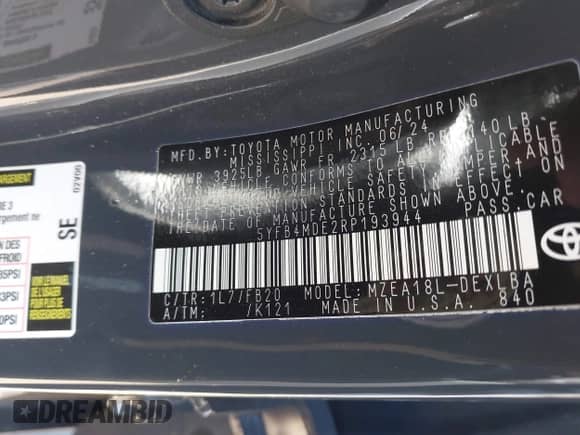 2024 Toyota Corolla LE with VIN 5YFB4MDE2RP193944, listed as a IAAI auction lot 43020580 with 21,866 mi miles and . Bid and sale history available at DreamBid. Image 9.