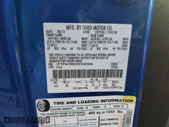 2013 Ford F-150 SVT Raptor with VIN 1FTFW1R6XDFD47554, listed as a Copart auction lot 70571025 with 127,013 mi miles and Salvage title. Bid and sale history available at DreamBid. Image 12.