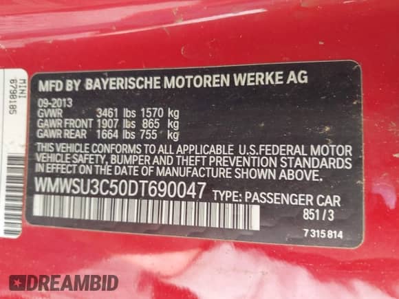 2013 MINI Hardtop with VIN WMWSU3C50DT690047, listed as a IAAI auction lot 43477533 with 93,857 mi miles and . Bid and sale history available at DreamBid. Image 9.