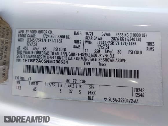 2022 Ford F-250 XL с VIN 1FTBF2A65NED00634, выставлен на аукционе IAAI как лот 41394182 с пробегом 18 683 миль миль и . История ставок и продаж доступна на DreamBid. Изображение 9.