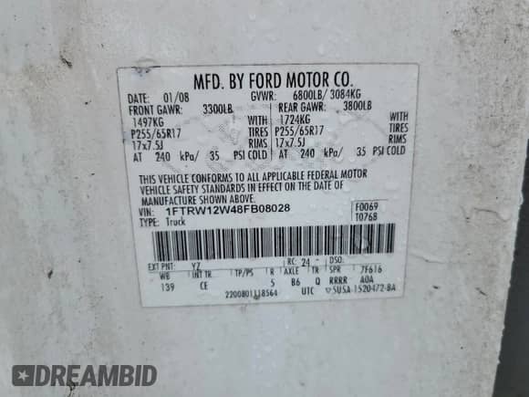 2008 Ford F-150 XL with VIN 1FTRW12W48FB08028, listed as a Copart auction lot 85556075 with 108,973 mi miles and Non repairable. Bid and sale history available at DreamBid. Image 12.