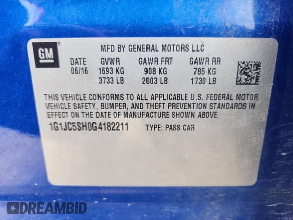 2016 Chevrolet Sonic LT with VIN 1G1JC5SH0G4182211, listed as a Copart auction lot 63282435 with 114,374 mi miles and Salvage title. Bid and sale history available at DreamBid. Image 12.