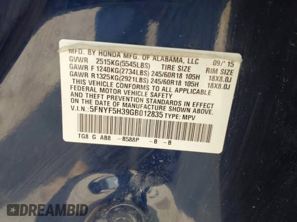 2016 Honda Pilot EX с VIN 5FNYF5H39GB012835, выставлен на аукционе IAAI как лот 42761016 с пробегом 172 133 миль миль и . История ставок и продаж доступна на DreamBid. Изображение 9.