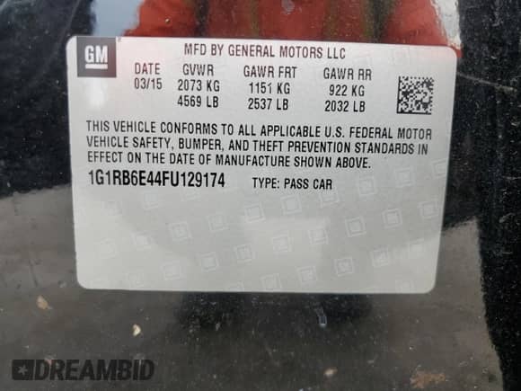 2015 Chevrolet Volt with VIN 1G1RB6E44FU129174, listed as a Copart auction lot 56456323 with 160,385 mi miles and . Bid and sale history available at DreamBid. Image 14.