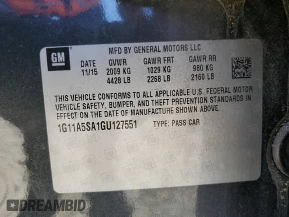 2016 Chevrolet Malibu LS с VIN 1G11A5SA1GU127551, выставлен на аукционе Copart как лот 69927355 с пробегом 106 783 миль миль и Списание • Salvage title. История ставок и продаж доступна на DreamBid. Изображение 12.