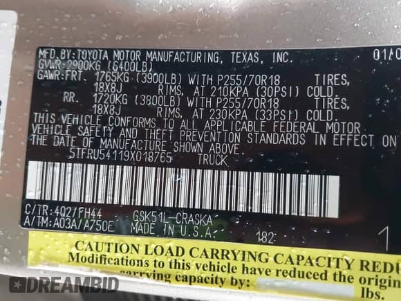 2009 Toyota Tundra с VIN 5TFRU54119X018765, выставлен на аукционе IAAI как лот 43506737 с пробегом 175 897 миль миль и . История ставок и продаж доступна на DreamBid. Изображение 9.