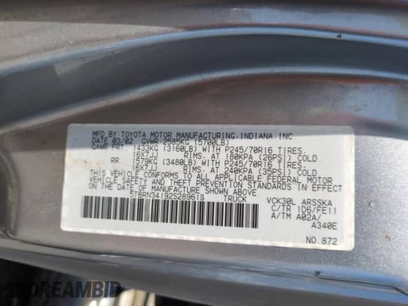 2002 Toyota Tundra SR5 z VIN 5TBRN34192S289613, wystawiony jako Copart lot #67568735 z przebiegiem 226 893 mil mil oraz Szkoda całkowita • Salvage title. Historia ofert i sprzedaży dostępna na DreamBid. Obrazek 12.