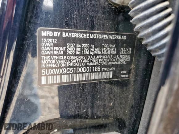 2013 BMW X3 xDrive28i with VIN 5UXWX9C51D0D01188, listed as a Copart auction lot 69934405 with 79,362 mi miles and Salvage title. Bid and sale history available at DreamBid. Image 13.