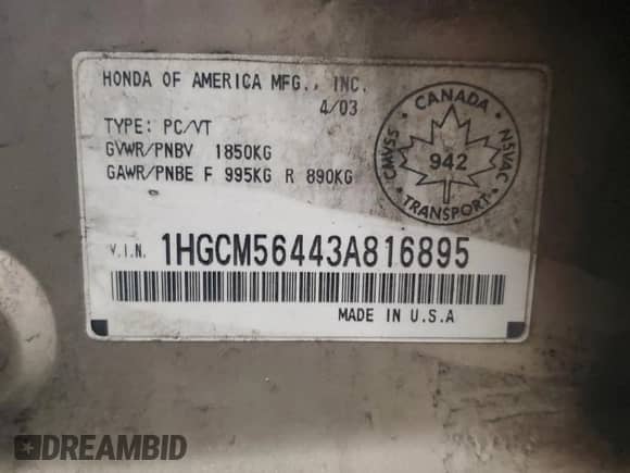 2003 Honda Accord LX z VIN 1HGCM56443A816895, wystawiony jako Copart lot #60211995 z przebiegiem 268 839 mil mil oraz Czysty tytuł • Clean title. Historia ofert i sprzedaży dostępna na DreamBid. Obrazek 12.