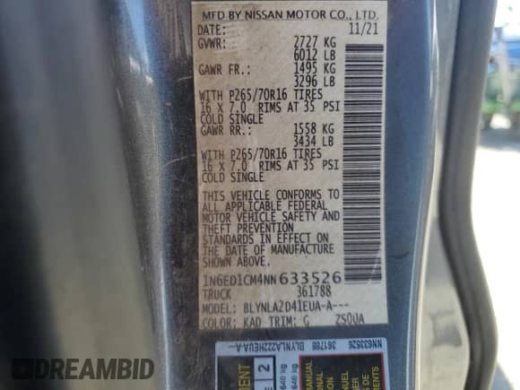 2022 Nissan Frontier SV with VIN 1N6ED1CM4NN633526, listed as a Copart auction lot 63091555 with 45,956 mi miles and Salvage title. Bid and sale history available at DreamBid. Image 12.