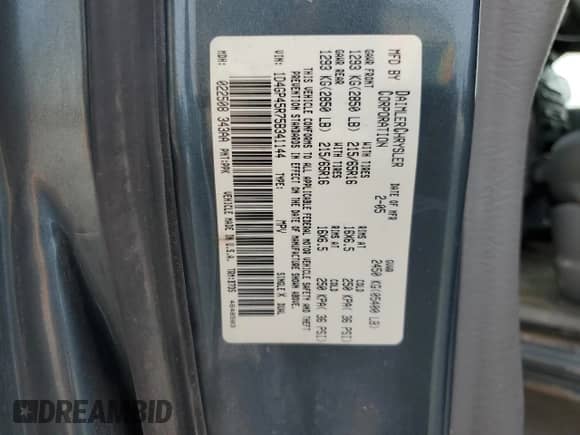2005 Dodge Caravan SXT with VIN 1D4GP45R75B341144, listed as a Copart auction lot 55465635 with 207,657 mi miles and Salvage title. Bid and sale history available at DreamBid. Image 13.
