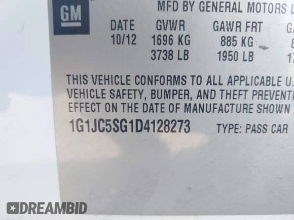 2013 Chevrolet Sonic LT z VIN 1G1JC5SG1D4128273, wystawiony jako IAAI lot #43444451 z przebiegiem 184 414 mil mil oraz . Historia ofert i sprzedaży dostępna na DreamBid. Obrazek 9.