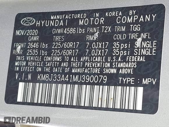 2021 Hyundai Tucson Value with VIN KM8J33A41MU390079, listed as a IAAI auction lot 42925437 with 57,857 mi miles and . Bid and sale history available at DreamBid. Image 9.