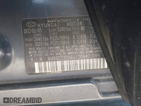 2006 Hyundai Santa Fe GLS с VIN KM8SC73D56U100440, выставлен на аукционе IAAI как лот 42410052 с пробегом 227 200 миль миль и . История ставок и продаж доступна на DreamBid. Изображение 9.