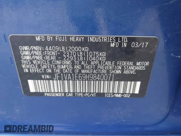 2017 Subaru WRX Premium with VIN JF1VA1E69H9840071, listed as a IAAI auction lot 43021861 with 88,046 mi miles and . Bid and sale history available at DreamBid. Image 9.