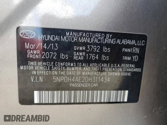 2013 Hyundai Elantra Limited с VIN 5NPDH4AE2DH311434, выставлен на аукционе Copart как лот 81088885 с пробегом Не указан миль и Списание • Salvage title. История ставок и продаж доступна на DreamBid. Изображение 12.