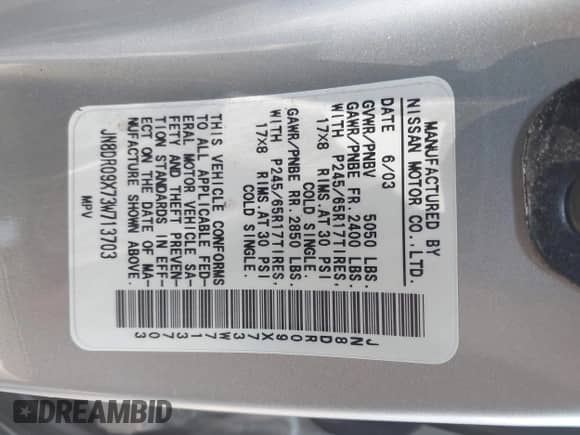 2003 Nissan Pathfinder LE with VIN JN8DR09X73W713703, listed as a IAAI auction lot 42494172 with 180,251 mi miles and . Bid and sale history available at DreamBid. Image 9.