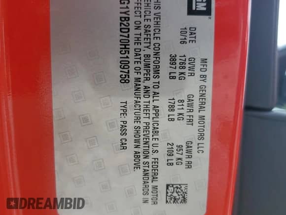 2017 Chevrolet Corvette 1LT с VIN 1G1YB2D70H5109758, выставлен на аукционе Copart как лот 63205154 с пробегом 5 471 миль миль и Списание • Salvage title. История ставок и продаж доступна на DreamBid. Изображение 12.