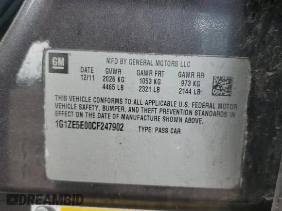 2012 Chevrolet Malibu LTZ 1LZ with VIN 1G1ZE5E00CF247902, listed as a Copart auction lot 58315535 with 135,402 mi miles and Salvage title. Bid and sale history available at DreamBid. Image 12.