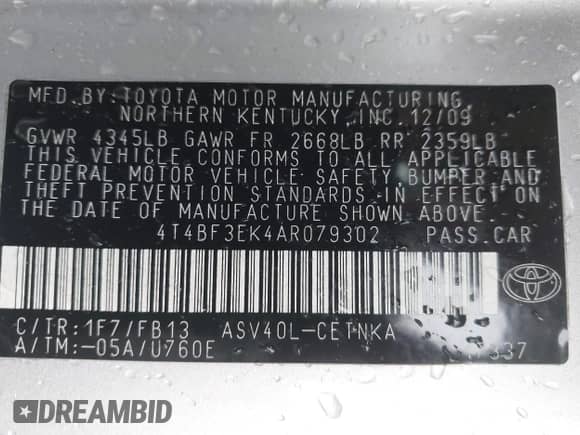2010 Toyota Camry with VIN 4T4BF3EK4AR079302, listed as a IAAI auction lot 43404292 with 115,888 mi miles and . Bid and sale history available at DreamBid. Image 9.