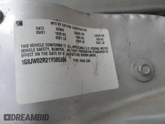 2001 Saturn LW с VIN 1G8JW82R21Y585304, выставлен на аукционе Copart как лот 42623845 с пробегом 204 341 миль миль и Списание • Salvage title. История ставок и продаж доступна на DreamBid. Изображение 15.