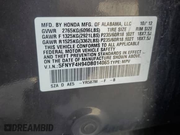 2013 Honda Pilot Touring with VIN 5FNYF4H94DB014065, listed as a Copart auction lot 80094875 with 178,222 mi miles and Salvage title. Bid and sale history available at DreamBid. Image 13.