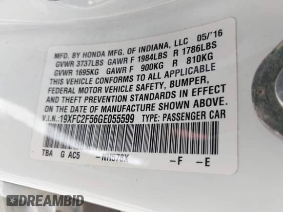 2016 Honda Civic LX with VIN 19XFC2F56GE055599, listed as a IAAI auction lot 42959295 with 145,680 mi miles and . Bid and sale history available at DreamBid. Image 9.