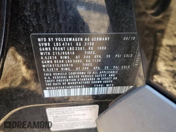 2010 Volkswagen Tiguan S с VIN WVGCV7AX7AW530642, выставлен на аукционе Copart как лот 81717144 с пробегом 89 306 миль миль и Списание • Salvage title. История ставок и продаж доступна на DreamBid. Изображение 13.