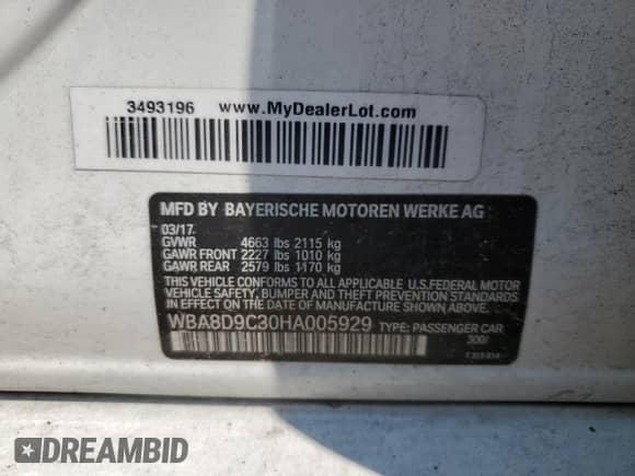 2017 BMW 3 Series 330i xDrive with VIN WBA8D9C30HA005929, listed as a Copart auction lot 58101795 with Not provided miles and Salvage title. Bid and sale history available at DreamBid. Image 12.