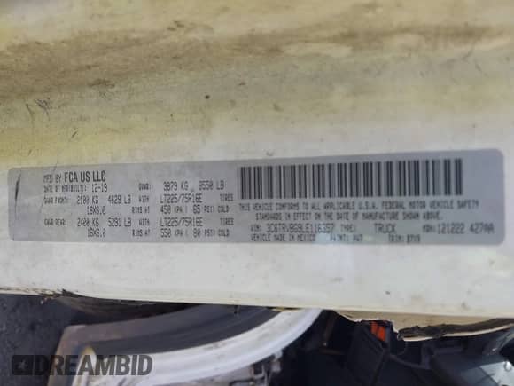 2020 Ram ProMaster Cargo z VIN 3C6TRVBG9LE116357, wystawiony jako IAAI lot #41951173 z przebiegiem 189 628 mil mil oraz . Historia ofert i sprzedaży dostępna na DreamBid. Obrazek 9.