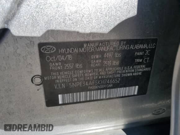 2019 Hyundai Sonata SEL with VIN 5NPE34AF5KH746652, listed as a Copart auction lot 82608925 with 149,854 mi miles and Salvage title. Bid and sale history available at DreamBid. Image 13.