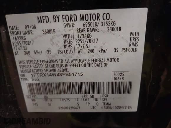 2008 Ford F-150 STX z VIN 1FTRX14W48FB51715, wystawiony jako IAAI lot #41494328 z przebiegiem 180 000 mil mil oraz . Historia ofert i sprzedaży dostępna na DreamBid. Obrazek 9.