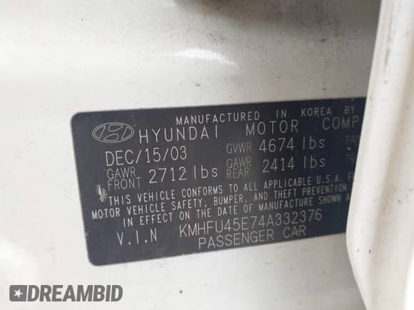 2004 Hyundai XG с VIN KMHFU45E74A332376, выставлен на аукционе IAAI как лот 42947527 с пробегом 269 152 миль миль и . История ставок и продаж доступна на DreamBid. Изображение 9.