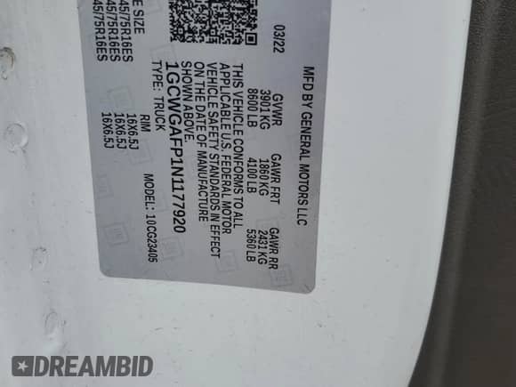 2022 Chevrolet Express Cargo с VIN 1GCWGAFP1N1177920, выставлен на аукционе Copart как лот 55304995 с пробегом 42 656 миль миль и Списание • Salvage title. История ставок и продаж доступна на DreamBid. Изображение 13.