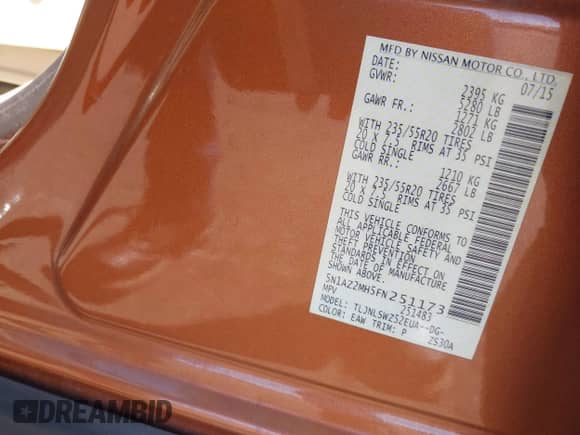 2015 Nissan Murano Platinum with VIN 5N1AZ2MH5FN251173, listed as a IAAI auction lot 41861521 with 91,435 mi miles and . Bid and sale history available at DreamBid. Image 9.