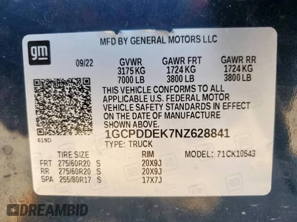 2022 Chevrolet Silverado 1500 LT с VIN 1GCPDDEK7NZ628841, выставлен на аукционе Copart как лот 65539595 с пробегом Не указан миль и Списание • Salvage title. История ставок и продаж доступна на DreamBid. Изображение 12.