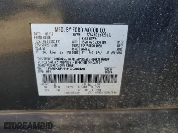 2017 Ford Explorer Limited z VIN 1FM5K8FH1HGC05420, wystawiony jako Copart lot #69618395 z przebiegiem 117 839 mil mil oraz Szkoda całkowita • Salvage title. Historia ofert i sprzedaży dostępna na DreamBid. Obrazek 12.