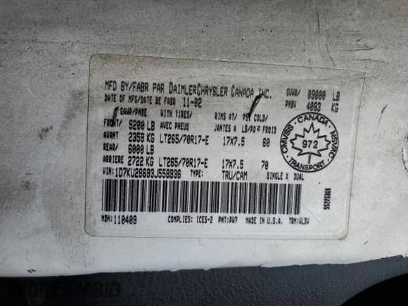 2003 Dodge 2500 ST with VIN 1D7KU28693J558936, listed as a Copart auction lot 83752765 with Not provided miles and Non repairable. Bid and sale history available at DreamBid. Image 13.
