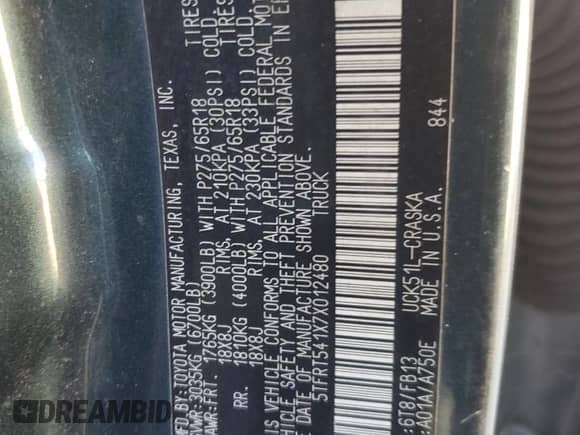 2007 Toyota Tundra SR5 с VIN 5TFRT541X7X012480, выставлен на аукционе Copart как лот 87209155 с пробегом 205 979 миль миль и Чистый • Clean title. История ставок и продаж доступна на DreamBid. Изображение 12.