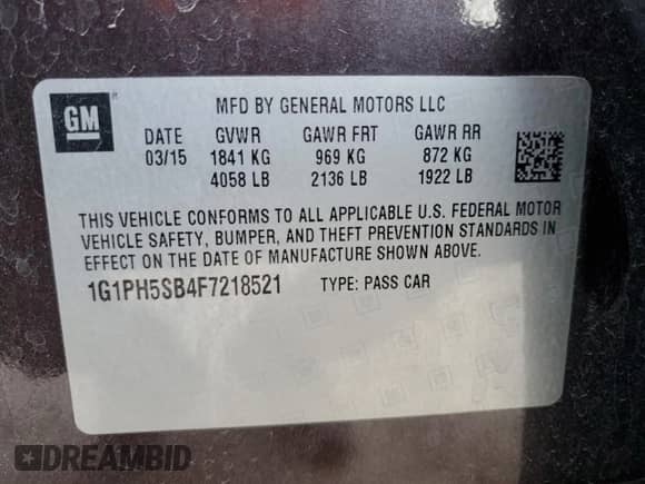 2015 Chevrolet Cruze ECO с VIN 1G1PH5SB4F7218521, выставлен на аукционе Copart как лот 48657375 с пробегом 105 650 миль миль и На запчасти • Non repairable. История ставок и продаж доступна на DreamBid. Изображение 12.
