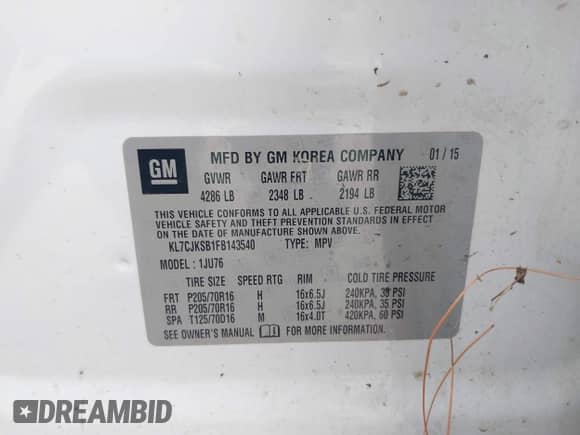 2015 Chevrolet Trax LS with VIN KL7CJKSB1FB143540, listed as a IAAI auction lot 43042748 with 127,103 mi miles and . Bid and sale history available at DreamBid. Image 9.