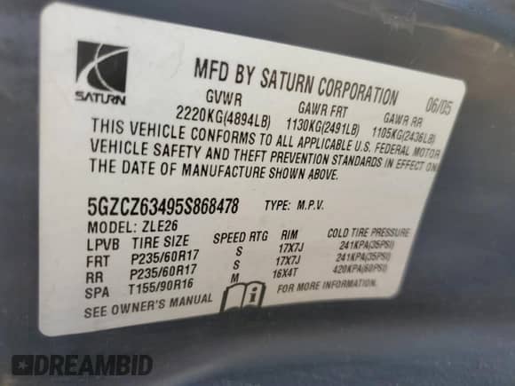 2005 Saturn VUE with VIN 5GZCZ63495S868478, listed as a Copart auction lot 74911204 with Not provided miles and Salvage title. Bid and sale history available at DreamBid. Image 15.