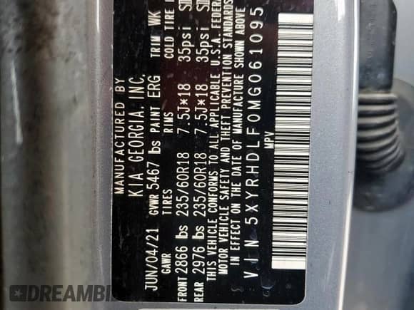 2021 Kia Sorento EX with VIN 5XYRHDLF0MG061095, listed as a Copart auction lot 68916915 with Not provided miles and Non repairable. Bid and sale history available at DreamBid. Image 13.