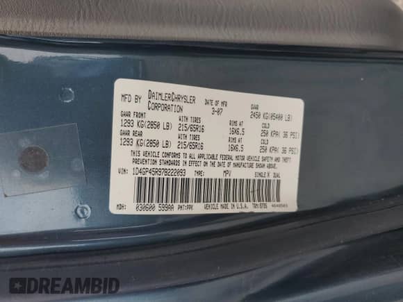 2007 Dodge Caravan SXT with VIN 1D4GP45R97B222093, listed as a Copart auction lot 65377395 with 220,538 mi miles and Clean title. Bid and sale history available at DreamBid. Image 13.