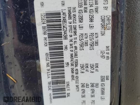 1998 Jeep Grand Cherokee with VIN 1J4FX48S1WC244308, listed as a Copart auction lot 74384714 with Not provided miles and Non repairable. Bid and sale history available at DreamBid. Image 14.