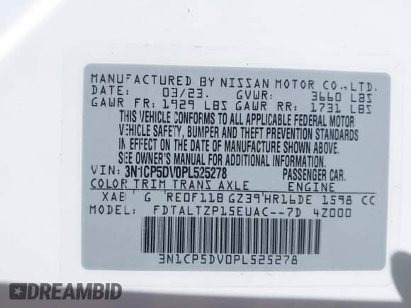 2023 Nissan Kicks SR with VIN 3N1CP5DV0PL525278, listed as a IAAI auction lot 40683479 with 13,382 mi miles and . Bid and sale history available at DreamBid. Image 9.